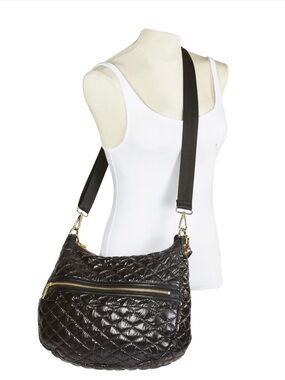 Clava Black Quilted Nylon Hobo Convertible Crossbody Handbag
